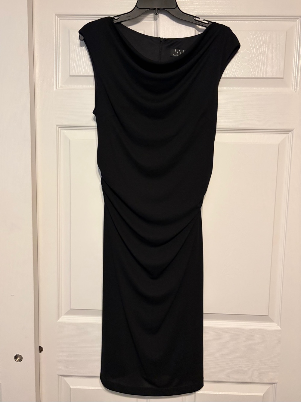 David Meister Little Black Ruched Sheath Midi Cocktail Evening Dress